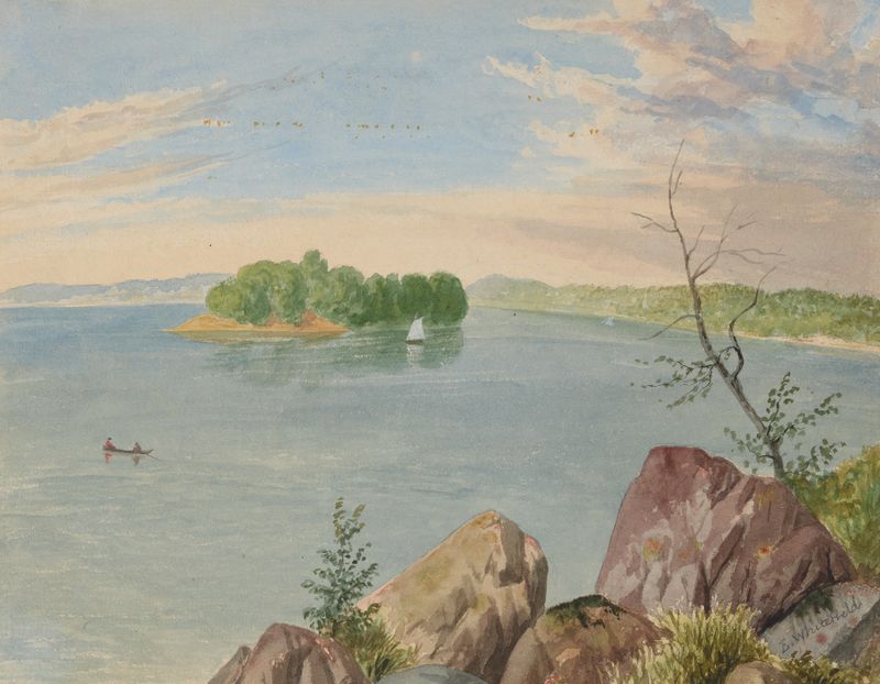 Fishermen on lake with sailboat, óleo de Edwin Whitefield