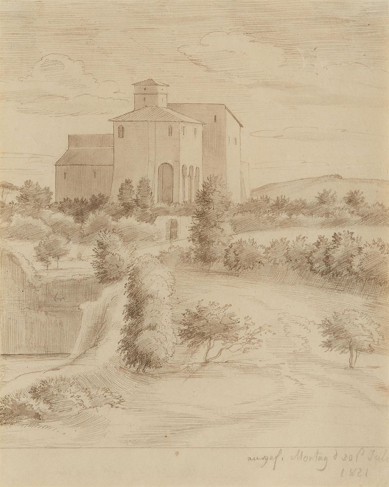 Landscape with a monastery and hills, oil on canvas by Friedrich Olivier