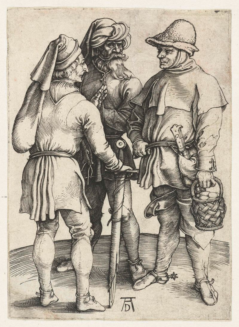 Gravura de Albrecht Dürer mostrando três agricultores em conversa.