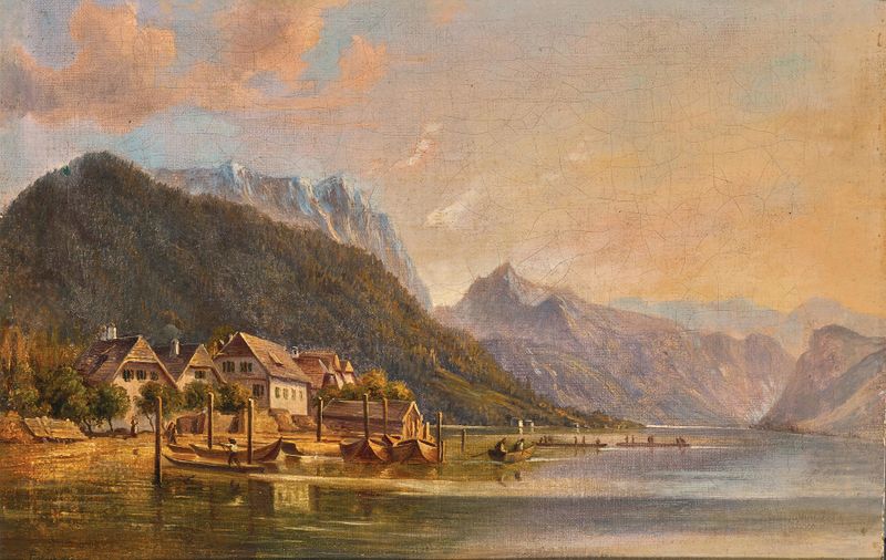Paisaje del Lago Traunsee con Traunstein y la montaña Schlafende Griechin de Andreas Passy, óleo