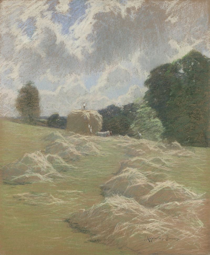 Landscape with Hay de Appleton Brown, óleo sobre tela que retrata campos suaves e verdes vibrantes.
