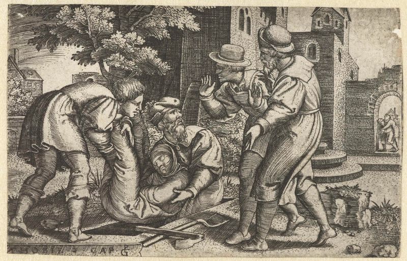 Grabado de Georg Pencz que muestra a Tobit y Tobias sosteniendo un cuerpo
