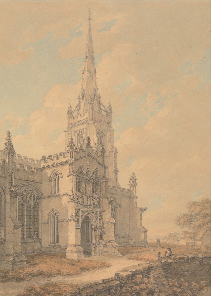 Thaxted Church, Essex de Thomas Hearne, acuarela sobre papel que representa una iglesia al anochecer