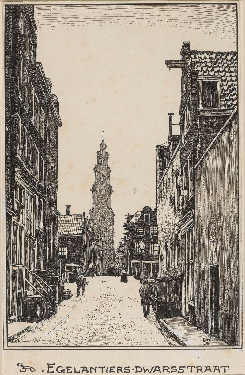 Paisaje de Ámsterdam con calles de adoquines, óleo sobre lienzo de Willem Wenckebach