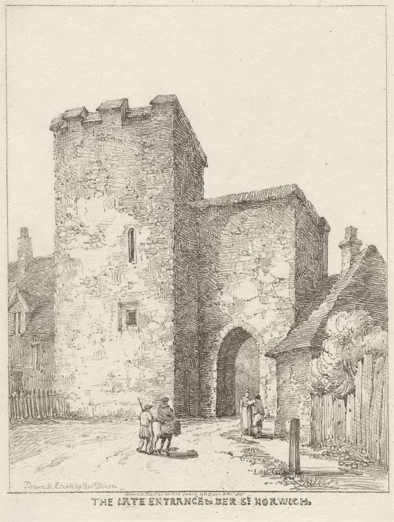 Genre scene depicting figures conversing on a cobblestone path, oil painting by Robert Dixon.