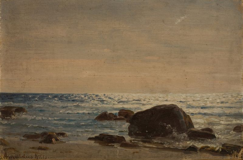 Landscape with a lone figure gazing over Jæren, oil painting by Amaldus Nielsen