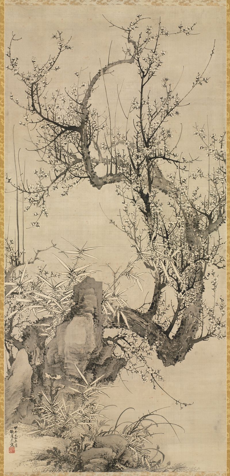 Plums, Bamboo, and Orchid de Yamamoto Baiitsu, tinta sobre papel