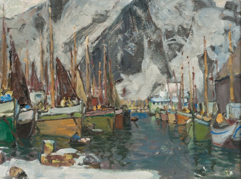 Marine scene with fishing boats in a harbor, oil painting by Anna Boberg