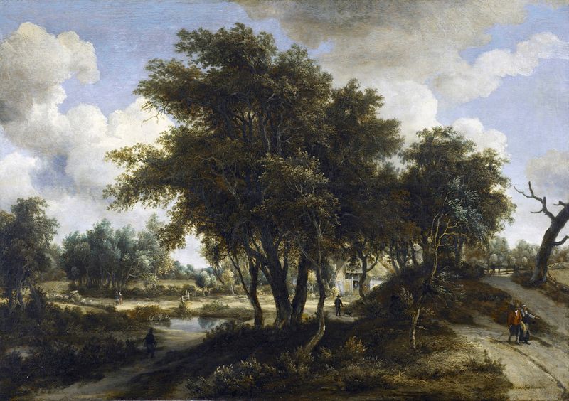 La Cabaña de Meindert Hobbema, pintura al óleo que representa un paisaje sereno con vegetación exuberante.
