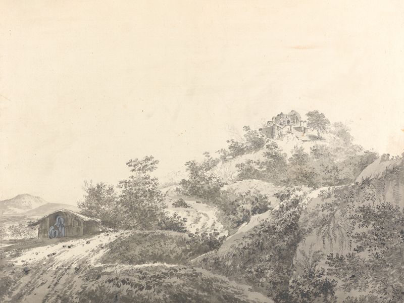 Desenho de paisagem da Índia por William Hodges, tinta sobre papel