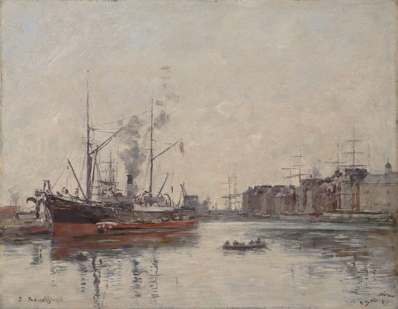Le Havre, Le Bassin de la Barre de Eugène Boudin, óleo sobre lienzo que representa barcos en un puerto tranquilo.