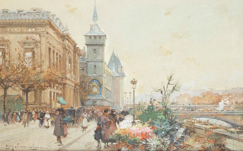 Botanical scene with vibrant flowers in oil painting by Eugène Galien-Laloue