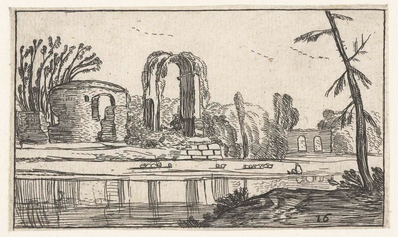 Antieke ruïnes bij een rivier, grabado de Unknown Artist que representa ruinas junto a un río.