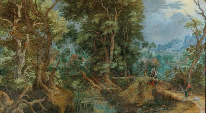 An extensive wooded landscape with a village and mountains, oil on panel by Gillis van Coninxloo