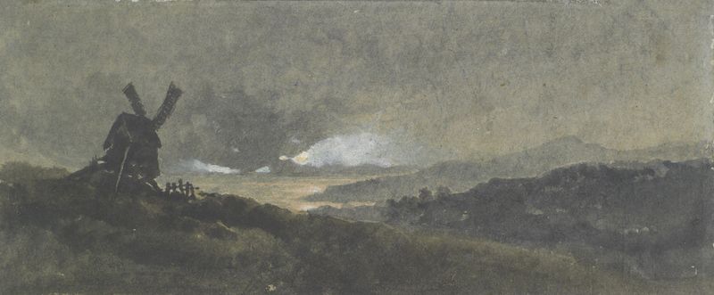 Landscape with windmill, oil on canvas by William James Müller