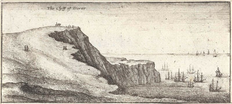 Gezicht op de klif van Dover, grabado de Wenceslaus Hollar, con acantilados rugosos y cielo expansivo.