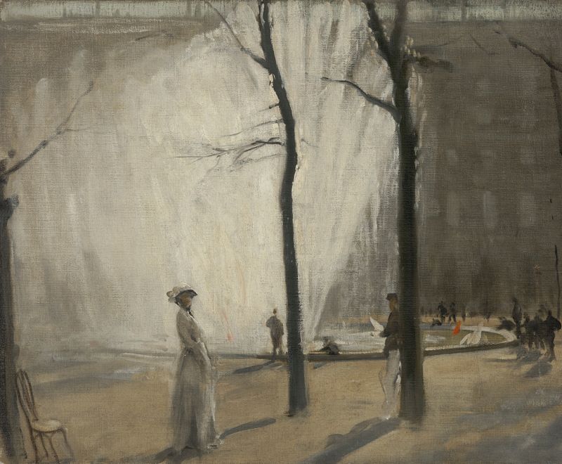 The Fountains, Palais Royal by William Nicholson, oil painting depicting elegant fountains and golden light.