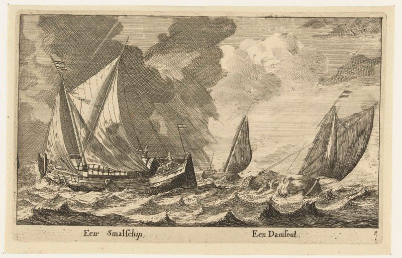 Twee schepen: een smalschip en een damschuit, grabado de Unknown Artist que representa barcos en el agua