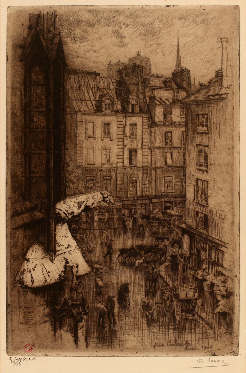 Cena de rua ao crepúsculo por Charles Jouas, Impressionismo, apresentando paralelepípedos e tons suaves.