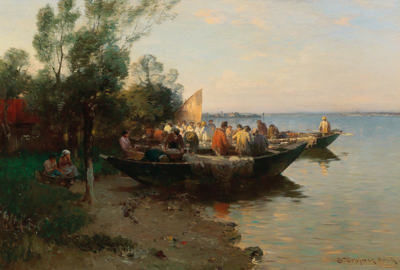 Fishing boats on the shore at dusk, oil on canvas by Joseph Wopfner