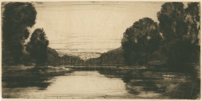 Paisagem de águas tranquilas refletindo o céu, pintura a óleo de David Young Cameron