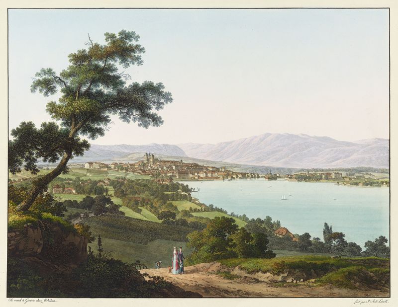 Paisagem com um lago tranquilo e Genebra de Jean-Antoine Linck, pintura a óleo