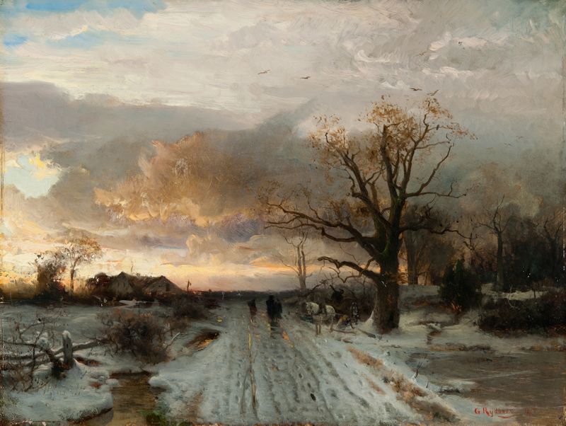 Winter Landscape oil painting by Gustaf Rydberg depicting a serene snowy scene with trees.