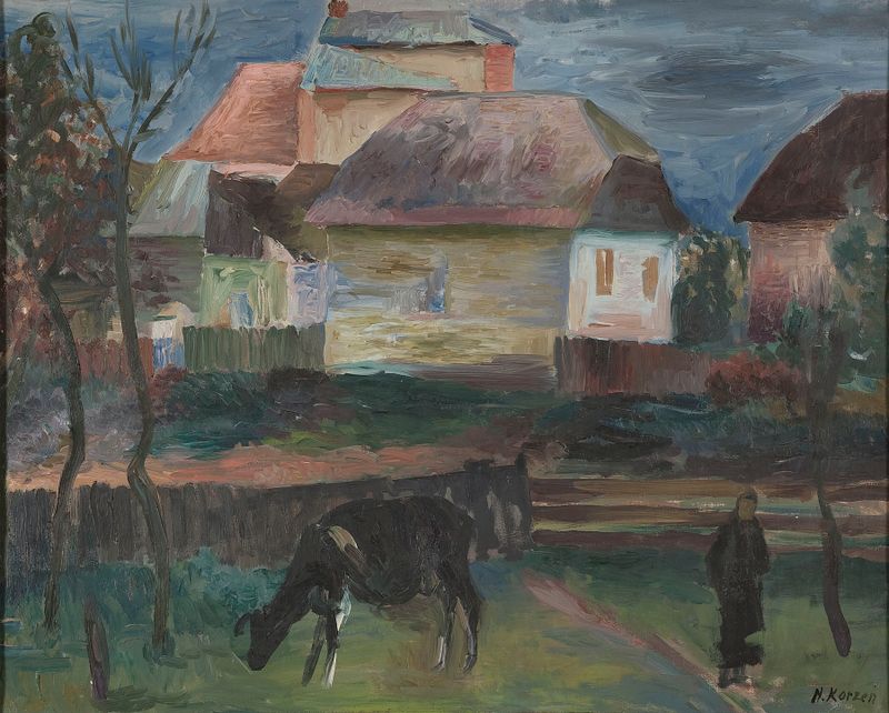 Paisagem de Natan Korzeń, 1936, retratando um horizonte com cores suaves e pinceladas delicadas.