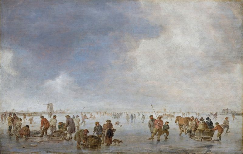 Cena de inverno no gelo de Jan van Goyen, retratando patinadores em um rio congelado.