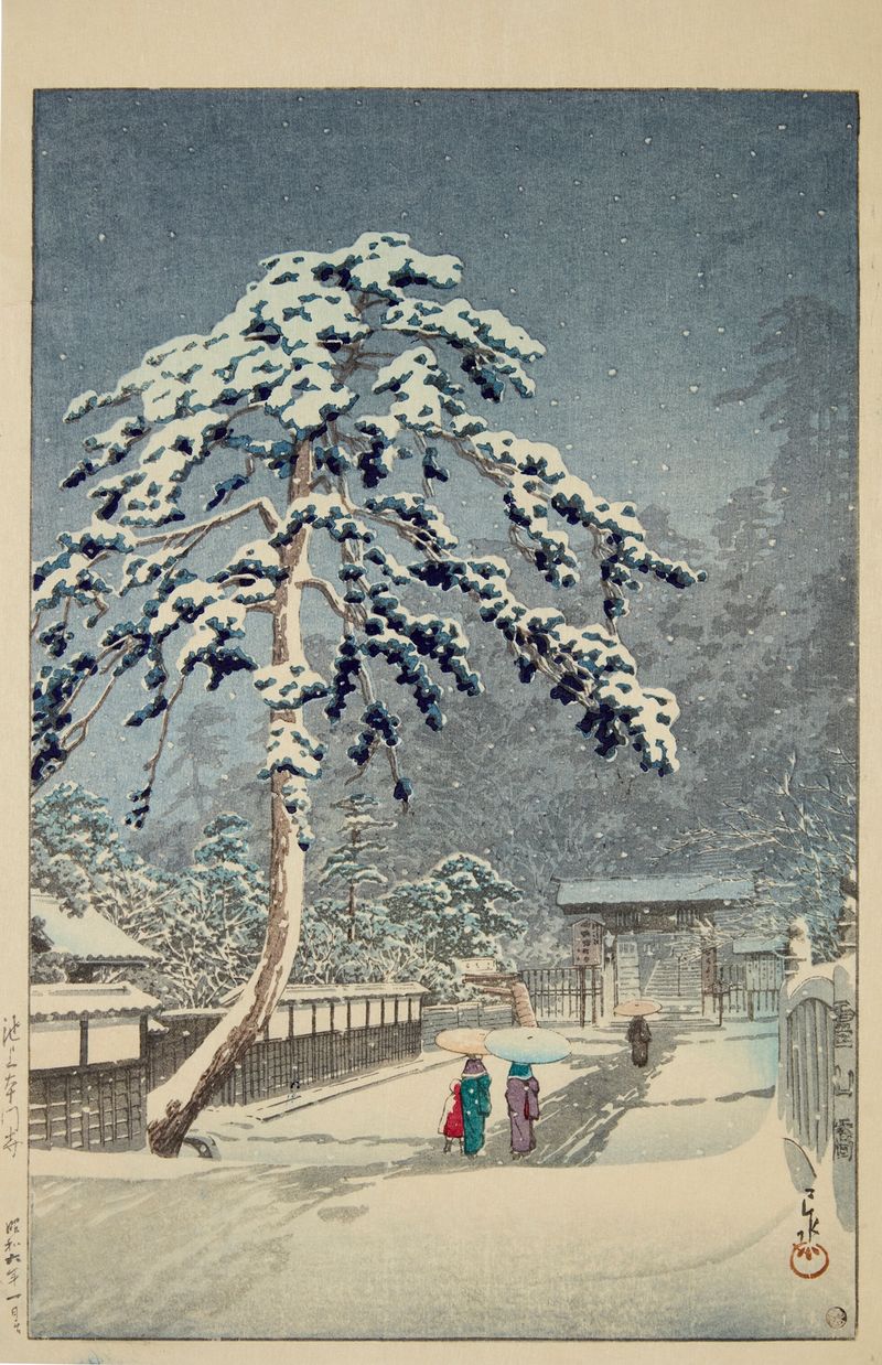 Ikegami Honmonji, gravura em madeira de Kawase Hasui mostrando um templo tranquilo ao crepúsculo