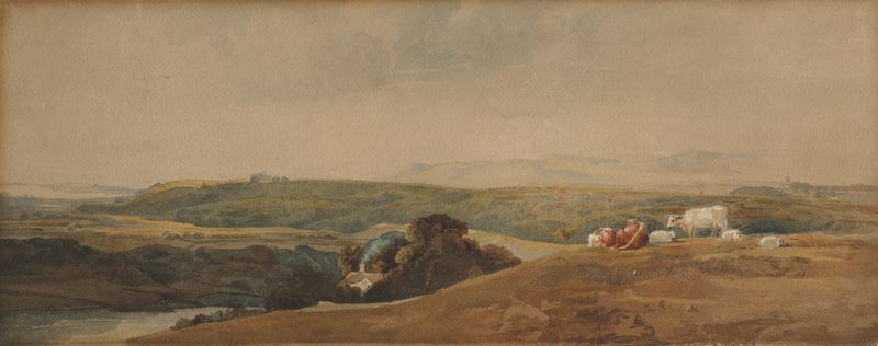 Landscape with mountains and cattle, oil painting by Peter De Wint
