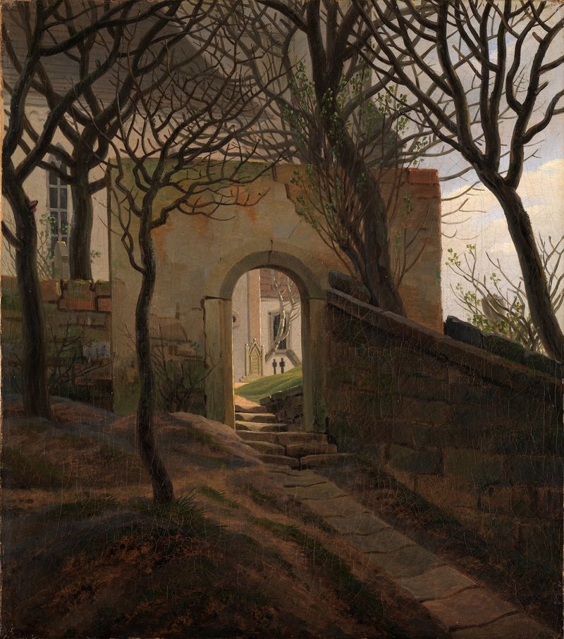 Kirchhofpforte de Caspar David Friedrich, óleo sobre lienzo que representa una puerta de cementerio brumosa.
