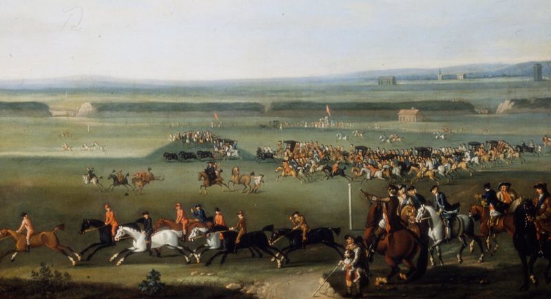Racing Scene at Newmarket, pintura al óleo de Circle of John Wootton, que representa caballos corriendo en un paisaje vibr...