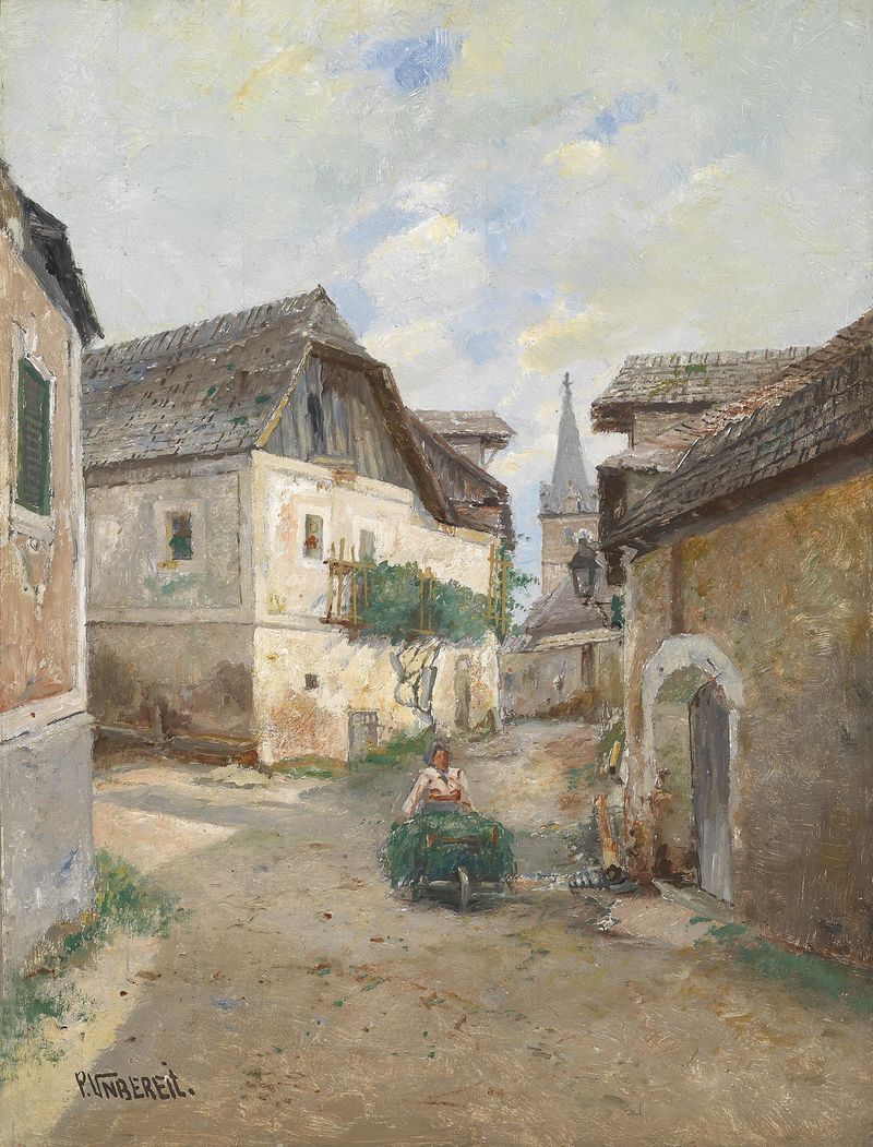 Pintura a óleo paisagística de Paul Unbereit com colinas suaves e um caminho.