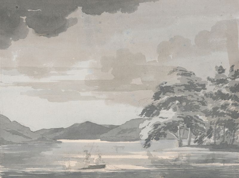 Lake Scene de Paul Sandby, acuarela sobre papel que representa un lago sereno y la naturaleza.