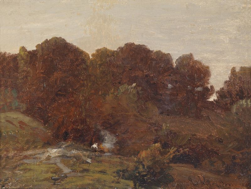 Paisaje de otoño de Ludwig Willroider, pintura al óleo con ricos tonos de ámbar y verde.