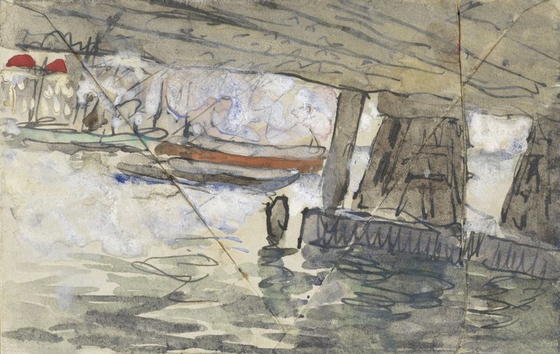 Genre scene depicting city life under a viaduct, by Adolf le Comte
