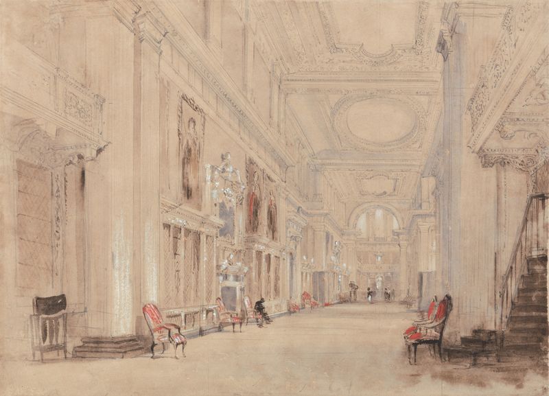 Long Library at Blenheim Palace de David Cox, acuarela sobre papel, que muestra arquitectura interior y luz.
