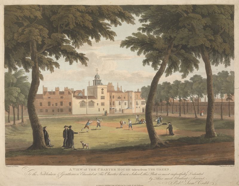 Engraving by Robert Havell Jr. depicting a landscape with grass and historic architecture