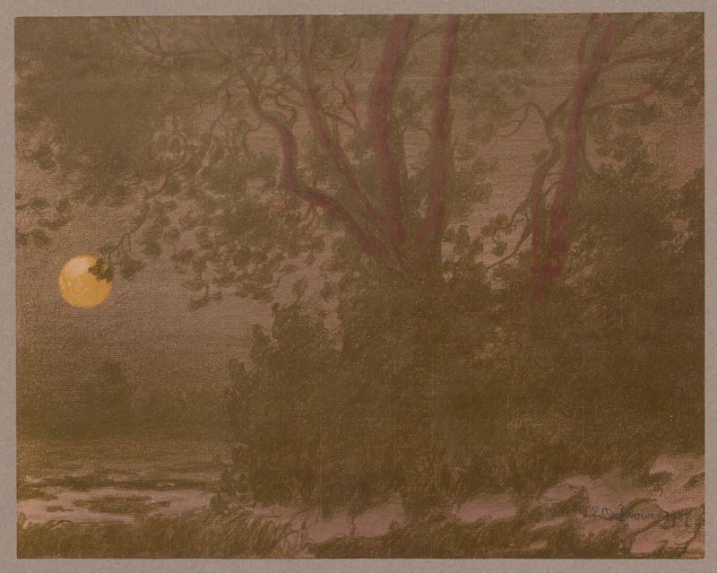 Moony Night by Eugeniusz Ludwik Dąbrowa-Dąbrowski, oil painting of a serene landscape under moonlight.
