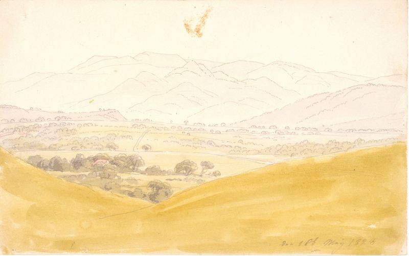 Bohemian Landscape with the Mittelgebirge, óleo sobre lienzo de Caspar David Friedrich