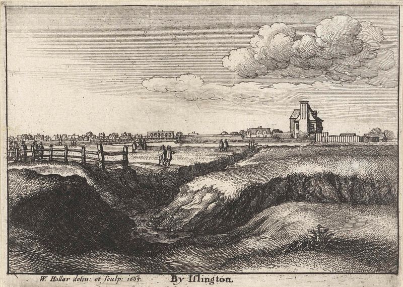 Grabado de Wenceslaus Hollar que representa el paisaje de Islington con un greppel y colinas.