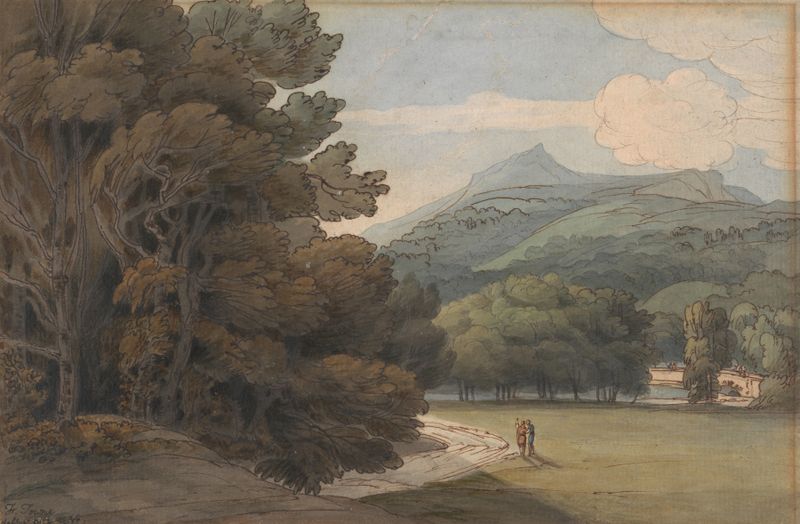 Aquarela de Francis Towne retratando colinas suaves e uma paisagem serena