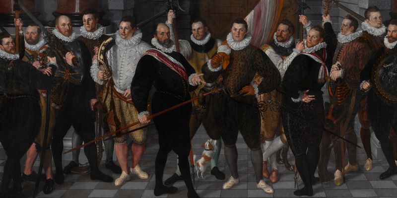 Historical oil painting by Cornelis Ketel depicting militia officers and dogs