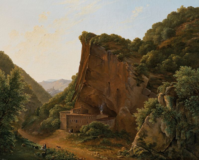 Landscape by Polydore de Bec, oil painting, featuring rolling hills and a pastel sky.