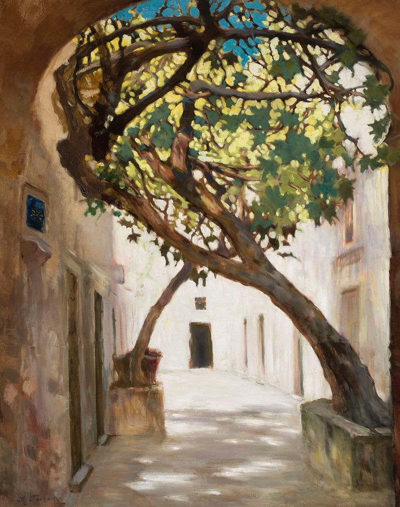 Street in Sarajevo by Kazimierz Stabrowski, oil on canvas showing sunlight through trees.