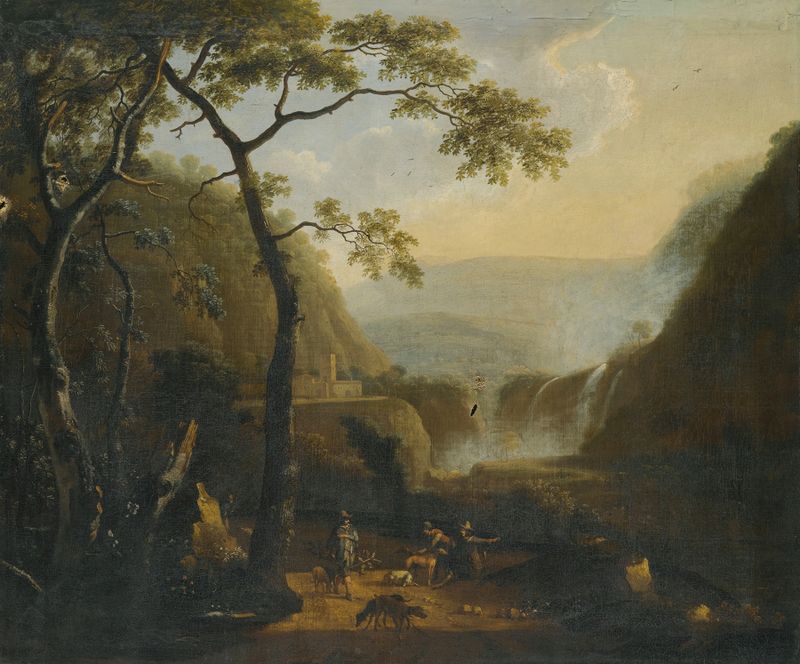 Landscape with hunters near a waterfall, oil painting by Barend Appelman