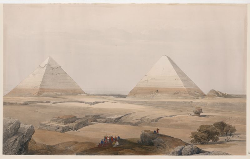 Pyramids of Giza by David Roberts, oil painting depicting ancient structures under a blue sky.