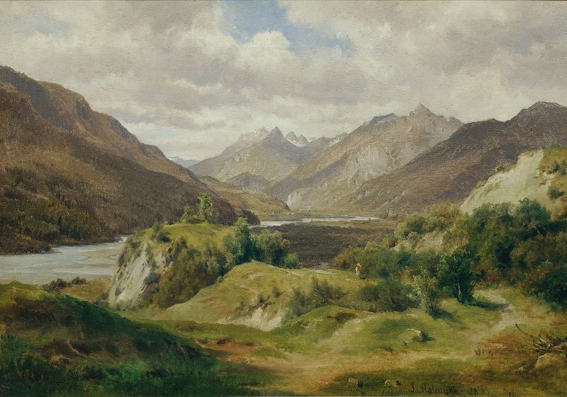 Paisaje que presenta un valle sereno y montañas de Ludwig Halauska, 1861