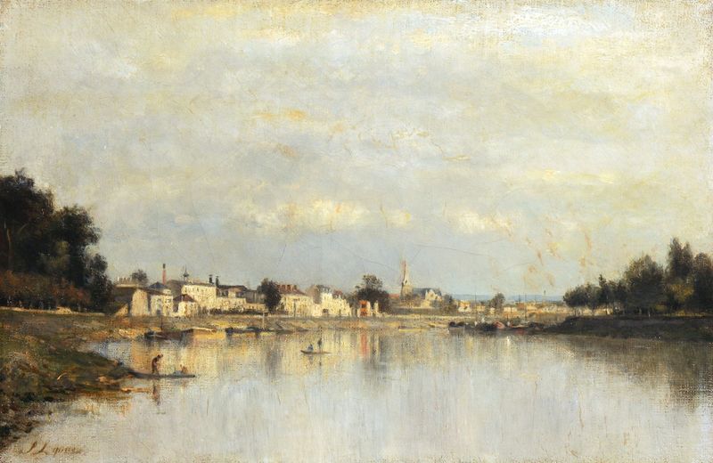 Vue de Conflans-Sainte-Honorine de Stanislas Lépine, impresionismo, paisaje con río y reflejos